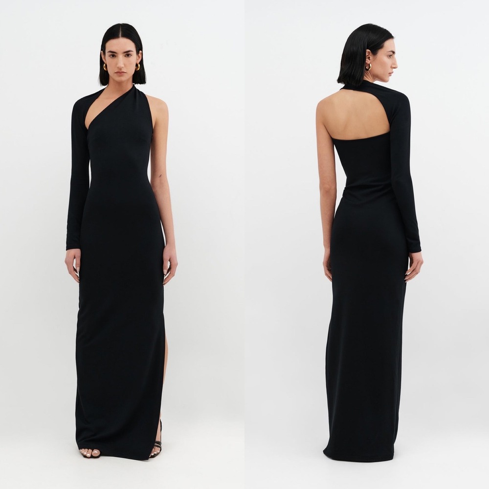 Marcella Manhattan Slit Gown European Ponte Open-Back Halter Gown Black Size XS